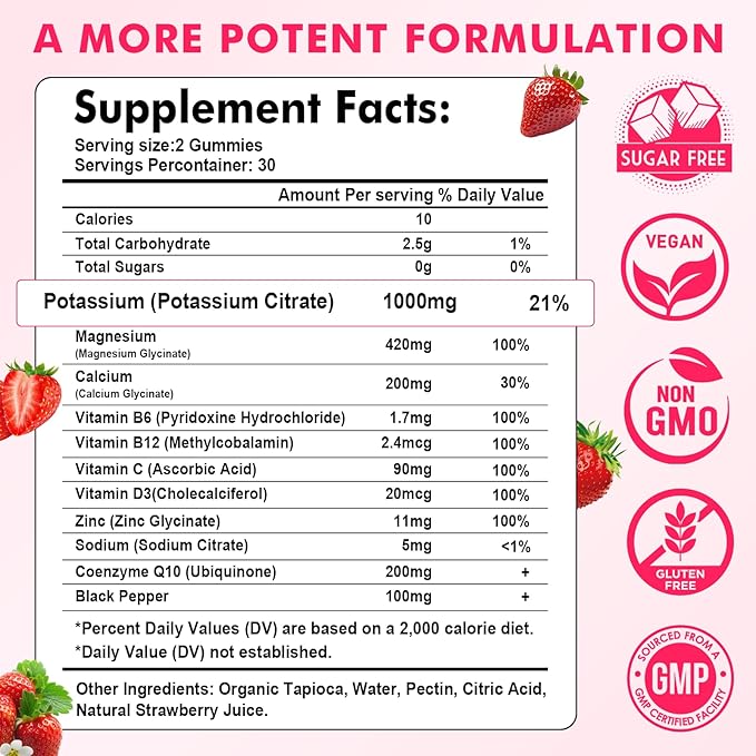 2 Pack Potassium Magnesium Gummies, High Absorption Magnesium Potassium Supplement with Vitamin B6 for Leg Cramps & Muscle Health, Strawberry, 120 Count