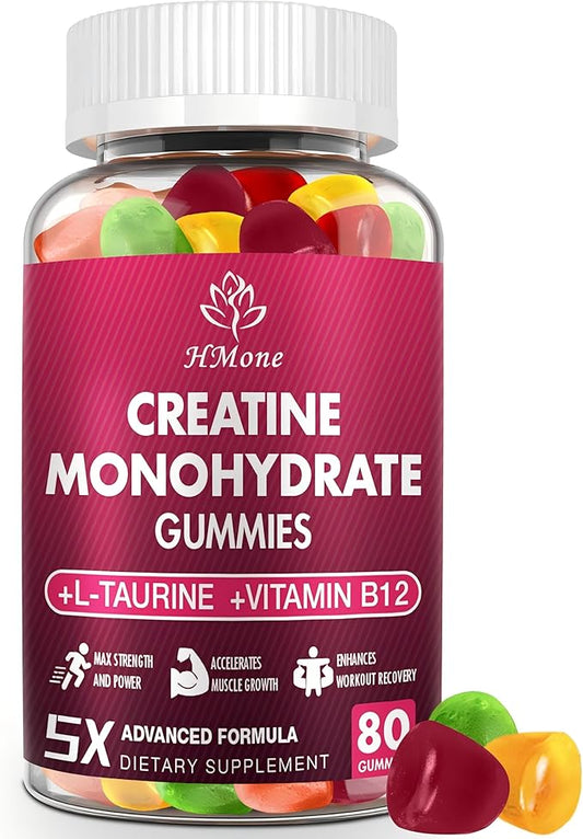 Creatine Monohydrate Gummies - 5g for Men & Women, 80 Count and Creatine Chewable Supplements for Muscle Gain, Muscle Strength, Energy Boost, and Muscle Builder, Sugar Free, Vegan