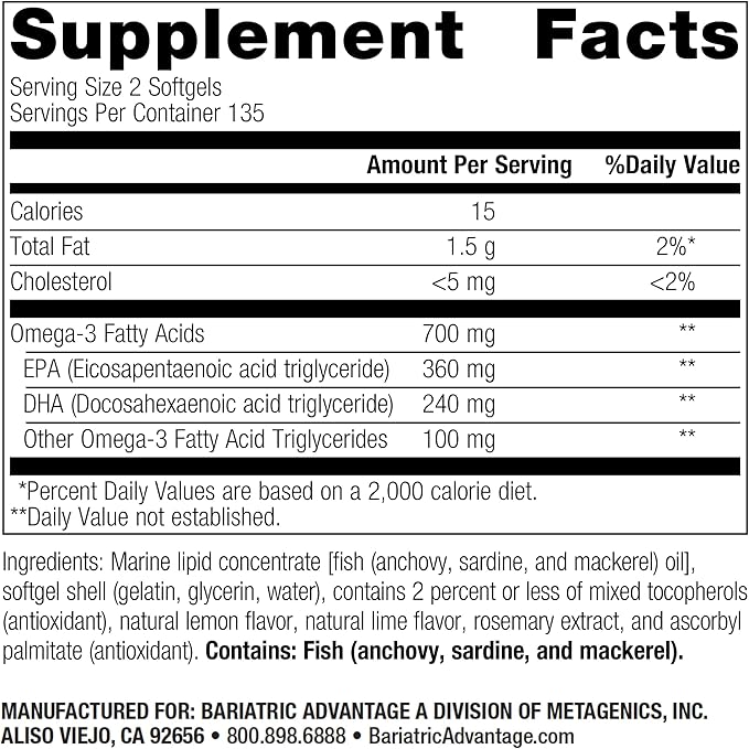 Bariatric Advantage Omega-3 300 EPA DHA Fish Oil Capsules, Concentrated Source of Fatty Acids from Sustainably Sourced Cold Water Fish - Lemon Lime, 270 Softgels
