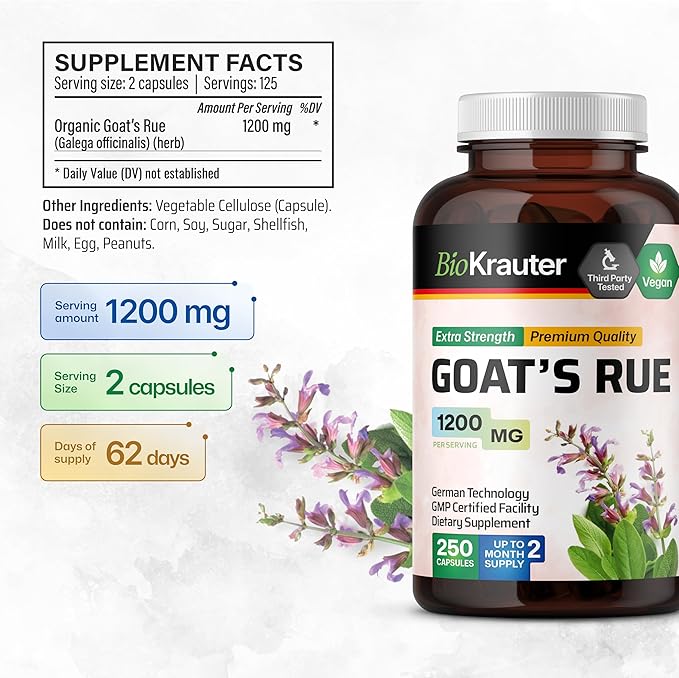 BIO KRAUTER Goats Rue Lactation Support Capsules 1200 mg - 250 Count - Goats Rue Capsules - Natural Breastfeeding Supplements