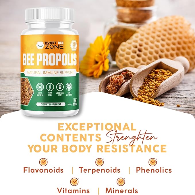 Bee Propolis Capsules – 100% Natural Energy and Immune Support Supplement | Non-GMO, Gluten-Free, 60 Easy-to-Swallow Veggie Capsules
