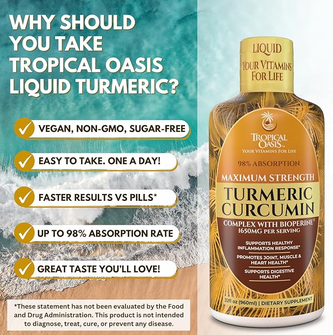 Tropical Oasis Liquid Turmeric Curcumin w/Bioperine - 1650mg Maximum Strength Turmeric Supplement with Black Pepper & Vitamin C - 98% Absorption Rate - 32oz