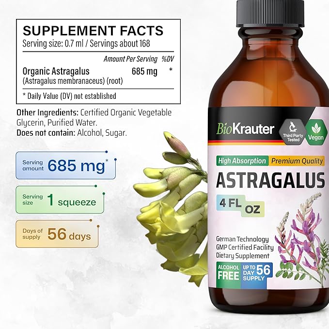 BIO KRAUTER Astragalus Tincture - Astragalus Root Extract for Immune Support - Alcohol and Sugar Free - High Absorption - Vegan Drops 4 Fl.Oz.