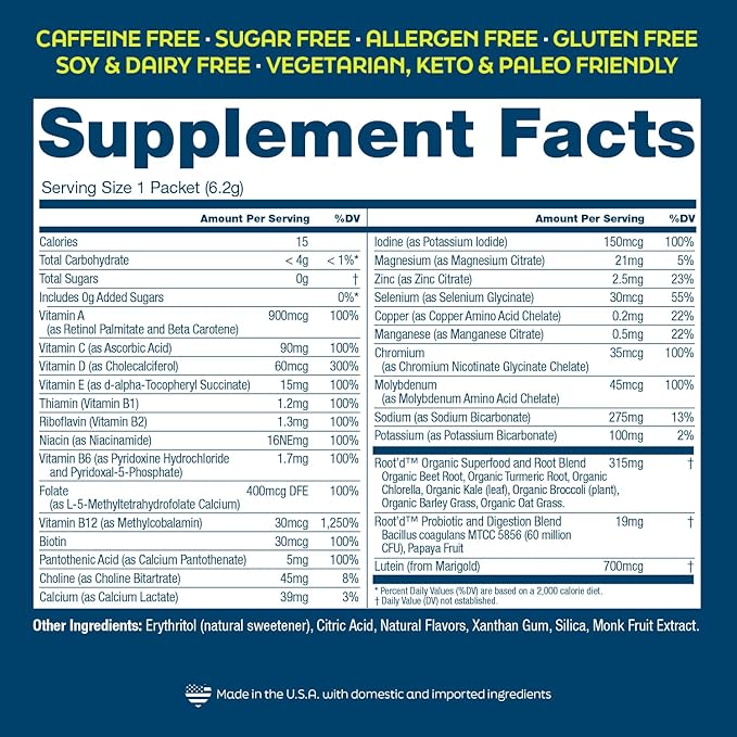 Root'd Multivitamin Powder with 3X Electrolytes for Men - 24 Vitamins & Minerals, 3X Electrolytes, 9 Superfoods, Probiotics & Enzymes, Sugar-Free Multivitamin & Hydration | 24 Packets
