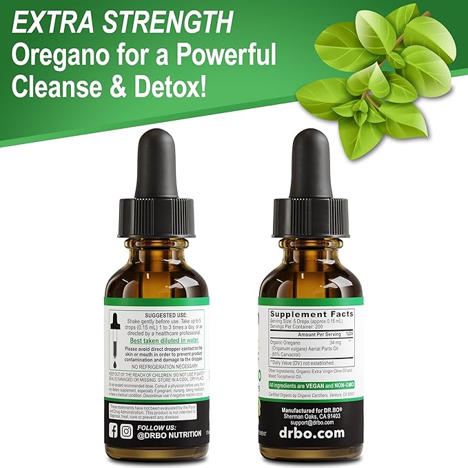 Oregano Oil Organic Liquid Drops - 6 Month Supply Oil of Oregano Drops Tincture Extract, Cleanse, Detox, Immune Support, Digestive Gut Health - Pure Vegan Non-GMO Herbal Organic Oregano Oil Drops 1 oz