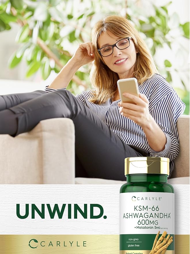 Carlyle KSM-66 Ashwagandha Capsules 600mg | 70 Count | with Melatonin 5mg | Potent Complex | Non-GMO, Gluten Free