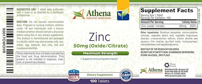 Athena - Zinc Supplement Tablets 50mg - Oxide/Citrate - 100 Coated Tablets