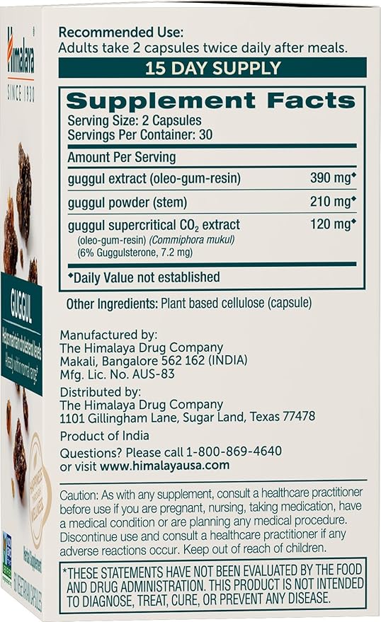 Himalaya Guggul, Cholesterol Supplement for Healthy LDL, HDL, and Triglyceride Levels, 750 mg, 60 Vegetarian Capsules, 1 Month Supply, 2 Pack