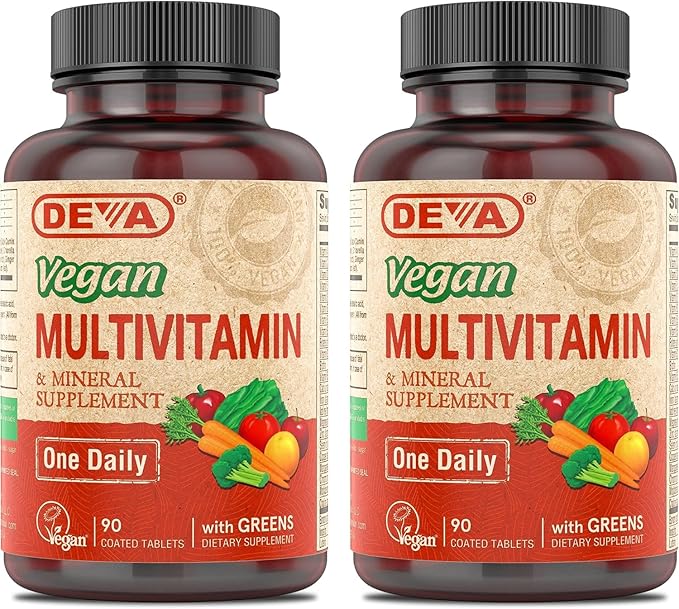 DEVA Vegan Multivitamin & Mineral Supplement with Iron 2-Pack, Spirulina, Chlorella, Ashwagandha, Broccoli & More, 90 Coated Tablets Each