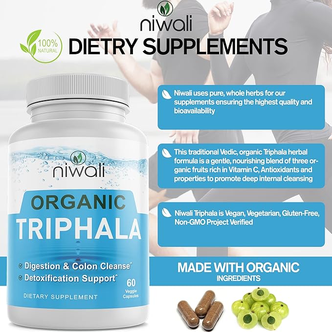 Triphala Capsules for Gut Health - 60 Counts | Organic Triphala Supplement | Digestion, Colon Cleanser & Detox, Immune System Support | USDA Certified Organic | Adaptogen Non-GMO
