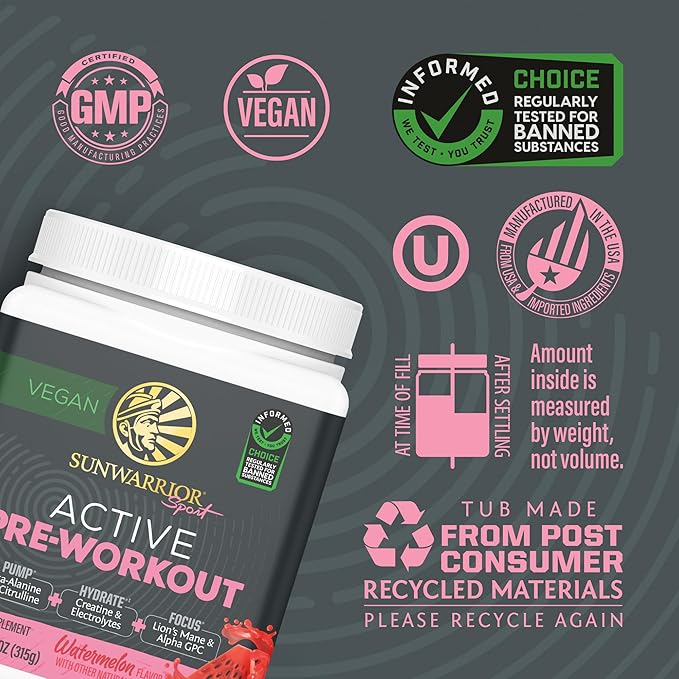 Sunwarrior Pre Workout Powder Energy Drink | Vegan Plant-Based Supplement | Pump, Hydrate, Focus, Endurance, & Strength Builder | Watermelon Flavored 30 Servings | Active Preworkout