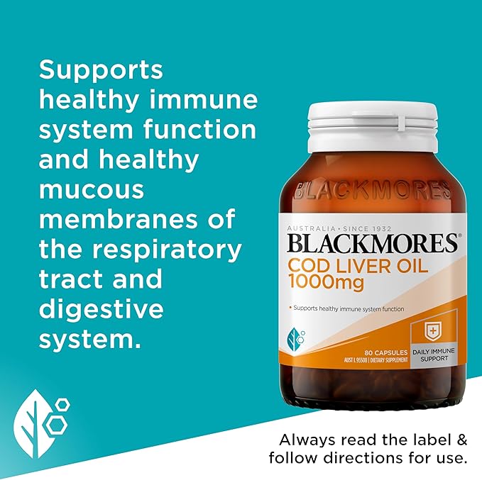 Blackmores Cod Liver Oil 1000 mg 80 Capsules, Vitamin A + Vitamin D + Omega-3, Made in Australia