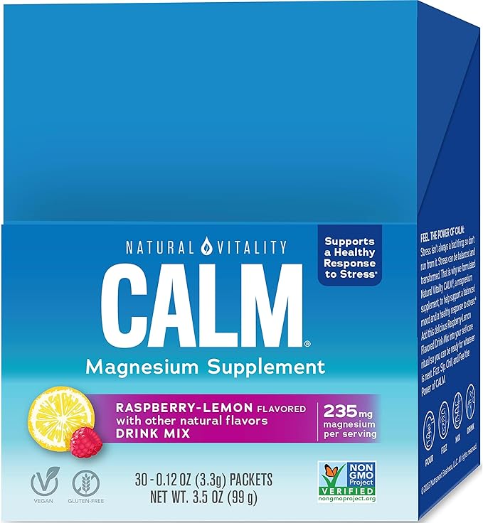 Natural Vitality Calm, Magnesium Citrate Supplement, Anti-Stress Drink Mix Powder - Gluten Free, Vegan, & Non-GMO, Raspberry Lemon, 0.12 oz, 30 Packets