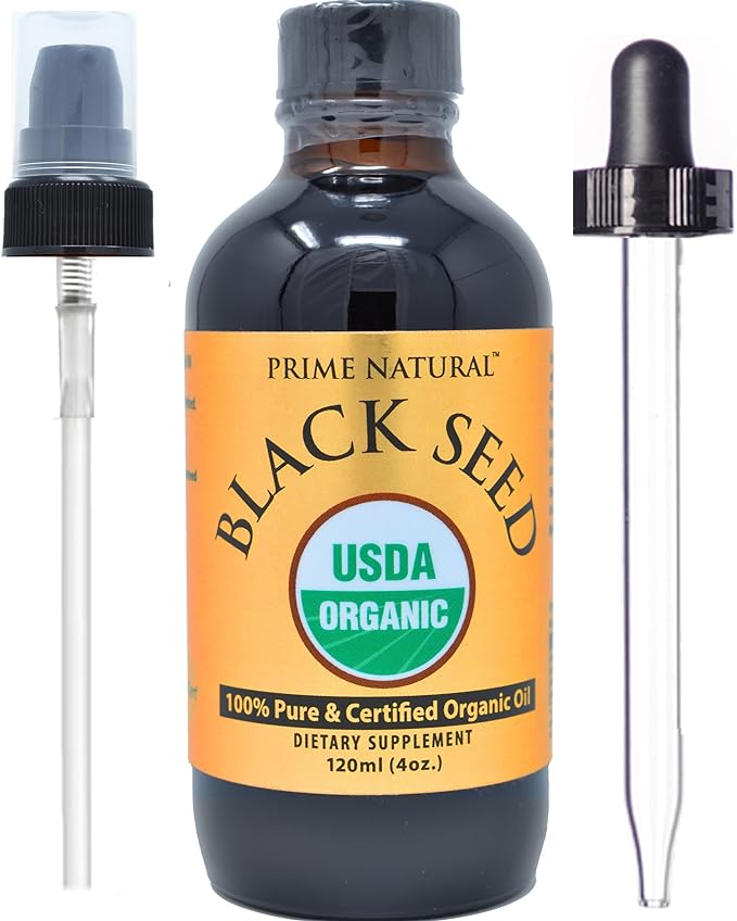 Prime Natural Organic Black Seed Oil 4oz - Cold Pressed Unrefined High Thymoquinone 1.7% USDA Certified - Turkish Origin Potent Nigella Sativa Liquid - Vegan Omega 3 6 9, Antioxidant