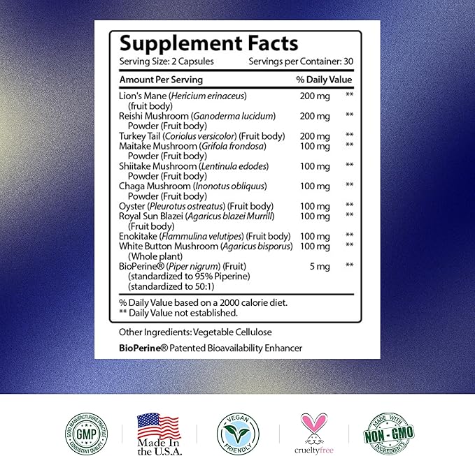 Research Verified Mushroom Complex - Support Immunity, Boost Antioxidants, Improve Cognitive Function - 10 Mushrooms Including Reishi, Maitake, and Shiitake - 60 Capsules - Vegan