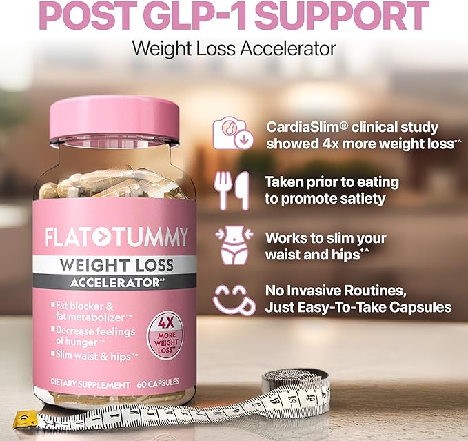 Flat Tummy Weight Loss Accelerator – Clinically Proven Fat Burner & Appetite Suppressant for Women, Post GLP-1 Supplement – Achieve a Slimmer Waist & HIPS – 60 Capsules