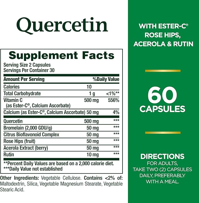 Nature's Bounty Quercetin, Immune Support, 500mg, with Vitamin C, Rose HIPS, & Rutin, 60 Count