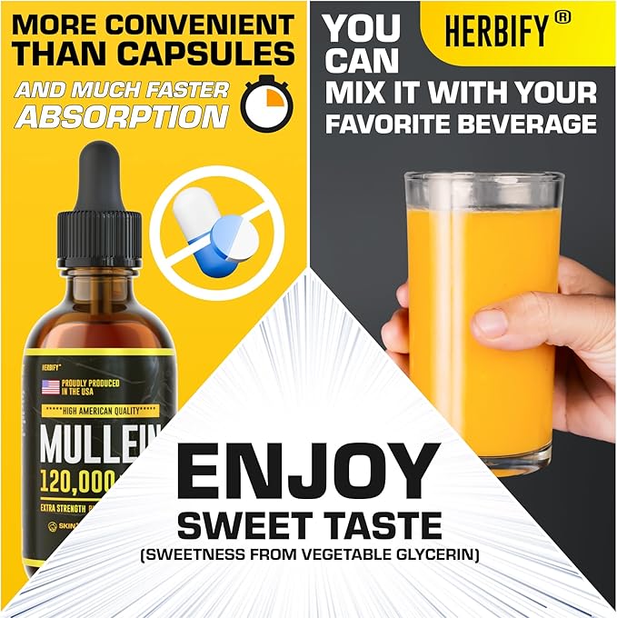 HERBIFY Mullein Drops - Lung Cleanse - Leaf Extract - Powerful Mullein for Immune Support,Detox & Respiratory Support - Made in USA - Herbal Supplements - 4 Oz