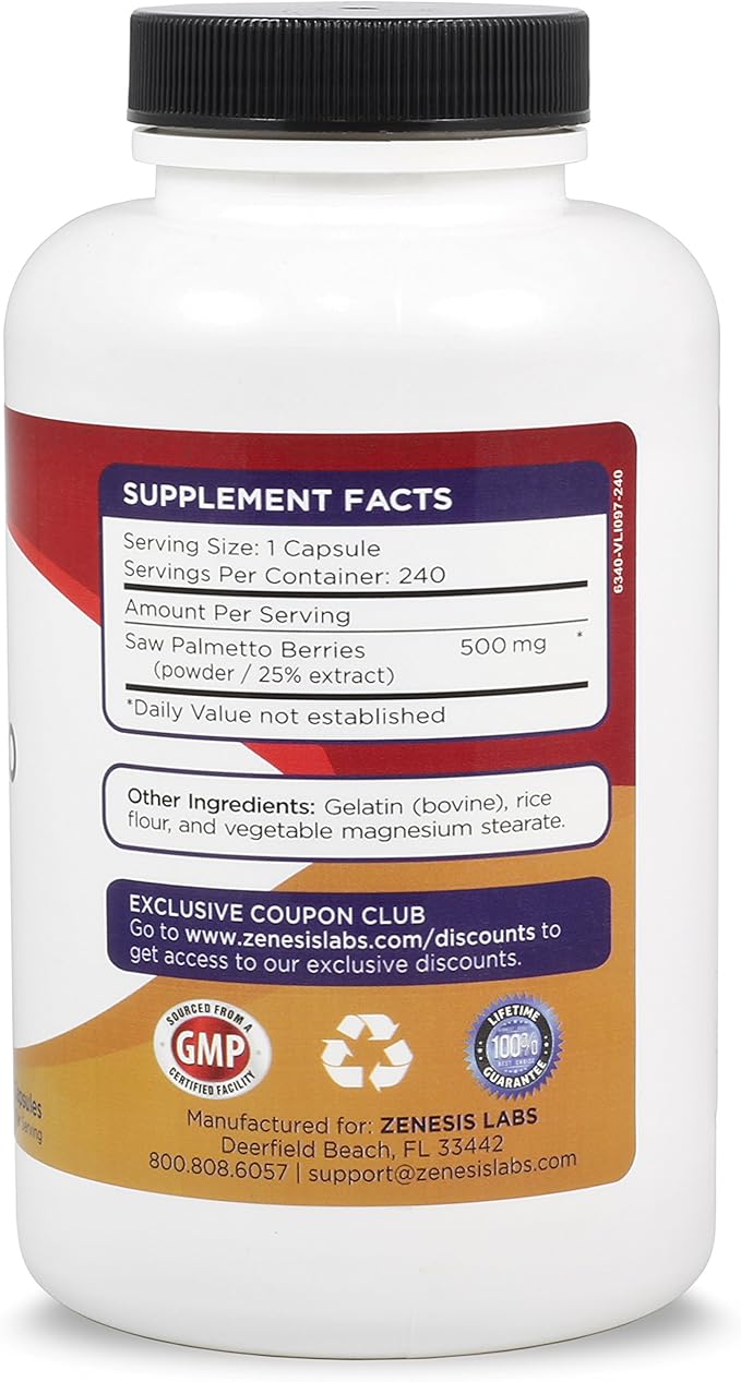 Zenesis Labs Saw Palmetto Extract - 240 Capsules - 500mg/capsule - 200% More Capsules Than Most Competitors