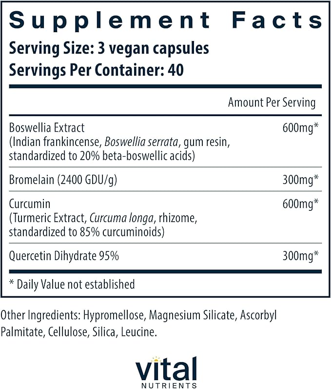 Vital Nutrients BCQ | Vegan Boswellia, Bromelain, Curcumin & Quercetin Supplement | Joint Support Supplement | Supports Sinus & Digestive Health | Gluten, Dairy, Soy Free | 120 Capsules