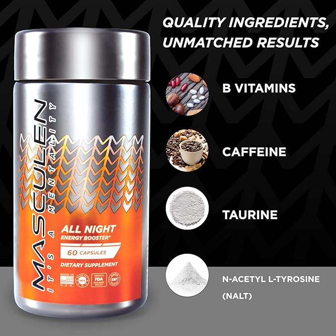 All Night Energy Supplements for Men | Energy Booster to Support Extra Energy & Fine-Tuned Focus When Your Energy Drops | Plant-Based and All-Natural | 60 Supplement Capsules One Month Supply
