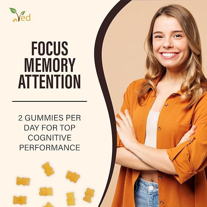 Ved Brain Support Gummies for Adult ; BSA Chews Lemon Flavour, Raw Unfiltered Omega 3-6-9 & DHA Gummies, Vegetarian Vegan Health Supplement for Men and Women- 60 Chews 20 Days’ Supply