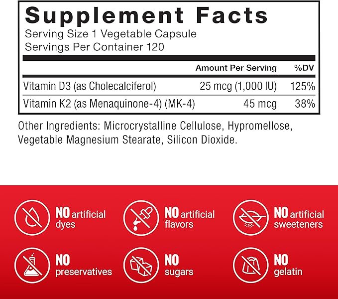 FORCE FACTOR Vitamin D3 K2 to Support Immunity, Heart Health, Bone Support, and More, High-Potency 2-in-1 Formula, Vegan, No Gelatin, Non-GMO, 120 Capsules