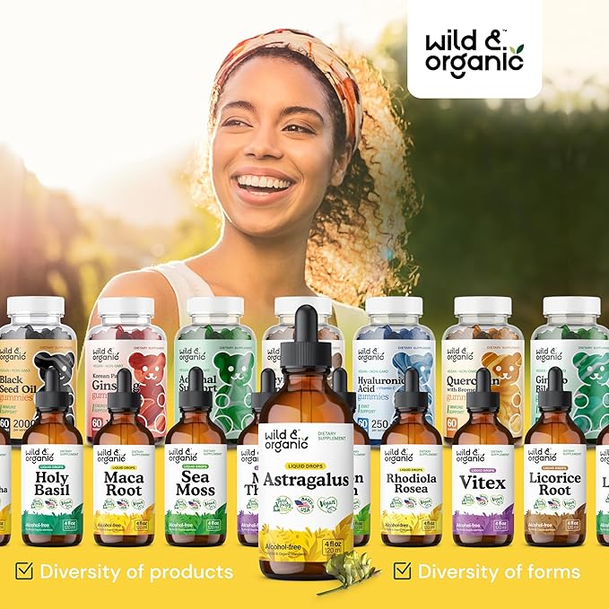 Wild & Organic Astragalus Tincture - Immune Support Supplement w/Astragalus Root Extract - Vegan Tincture for Immunity - Sugar & Alcohol-Free Drops - 4 fl oz