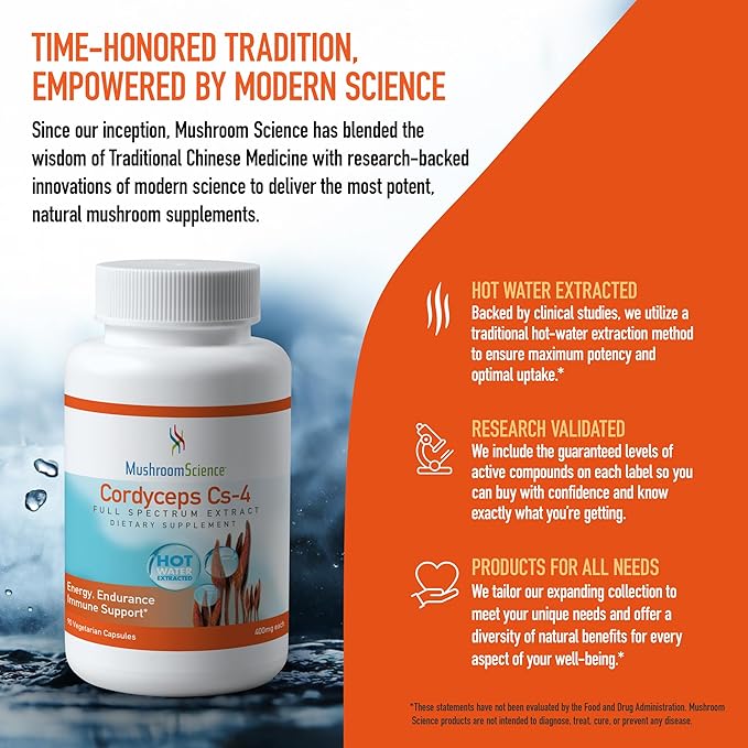 Cordyceps CS-4 Capsules, Full Spectrum Extract for Health, Energy & Endurance, Hot Water Extracted, Vegetarian, 400mg, 90 CT