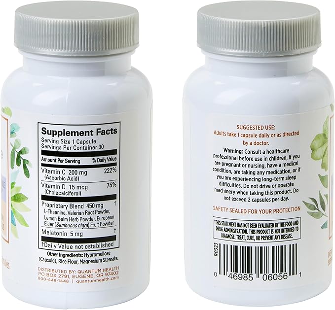Quantum Health Sleep Immune Melatonin 5mg Support Supplement L Theanine Valerian Root + Elderberry Vitamin C & D Immunity Boost Daily Whole Body Wellness for Women & Men - 30 Capsules