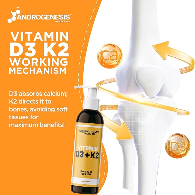 Vitamin D3 K2 Maximum Strength Topical Gel - 15000+ IU Per Pump - The Sunshine Vitamin - Supports Bone & Joint Health, Immune Support - One Month Supply