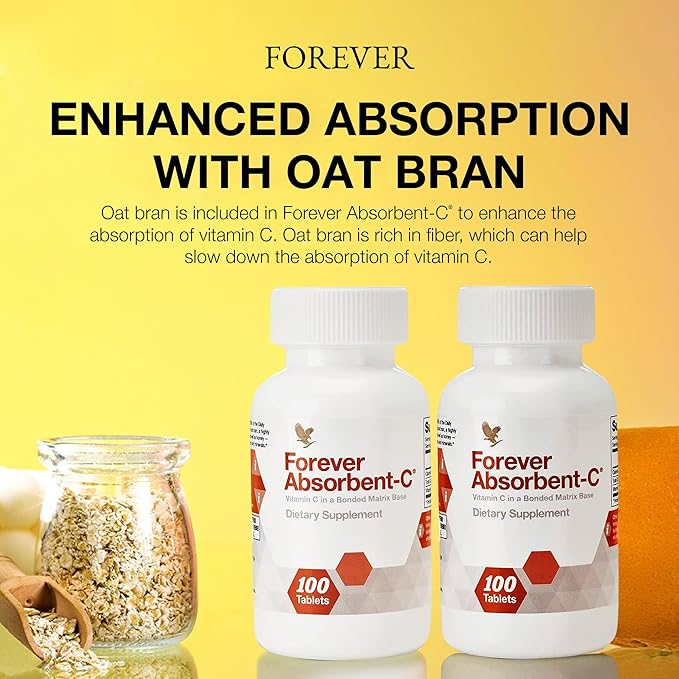 Forever Living - Absorbent-C - Orange, Honey Flavor with Oat Bran - Vitamin C for Immune Support and Skin Health - 100 Chewable Tablets (Pack of 2)