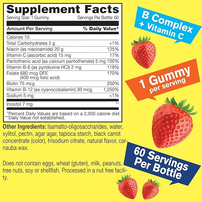 Vitamin B Complex Sugar Free Gummies | with Vitamin C, Folic Acid | Immune and Energy Support | Strawberry Flavor | 60 Count