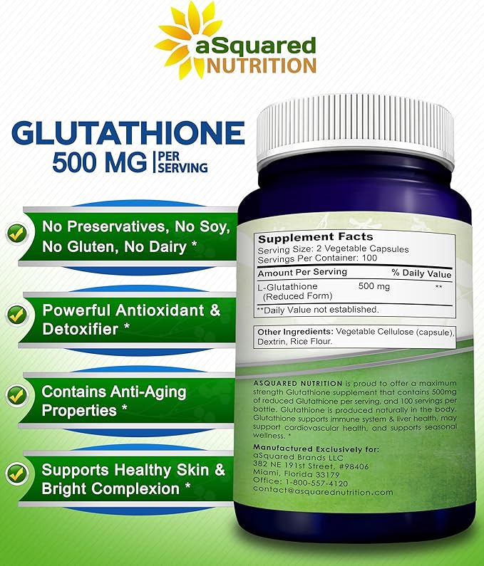 aSquared Nutrition Reduced Glutathione 500mg Per Serving Supplement -200 Capsules -L-Glutathione Antioxidant to Support Liver Health & Detox - Max Strength Powder Pills to Help Immune & Brain Function