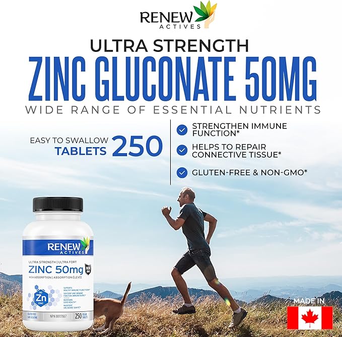 Renew Actives Zinc Supplements 50MG per Serving - Essential for Immune Health, Strong Bones & Promoting Healthy Hair, Nails & Glowing Skin for Daily Use - Made in Canada - 250 Tablets