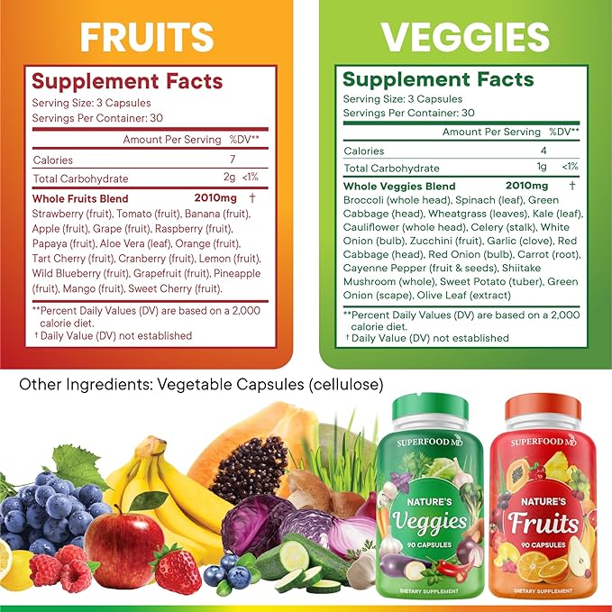 Superfood 180 Fruit and 180 Veggie Capsules - Whole Food Natural Superfoods - Maintain Energy Levels, with Aloe Vera - Soy Free (90 Count (Pack of 4)