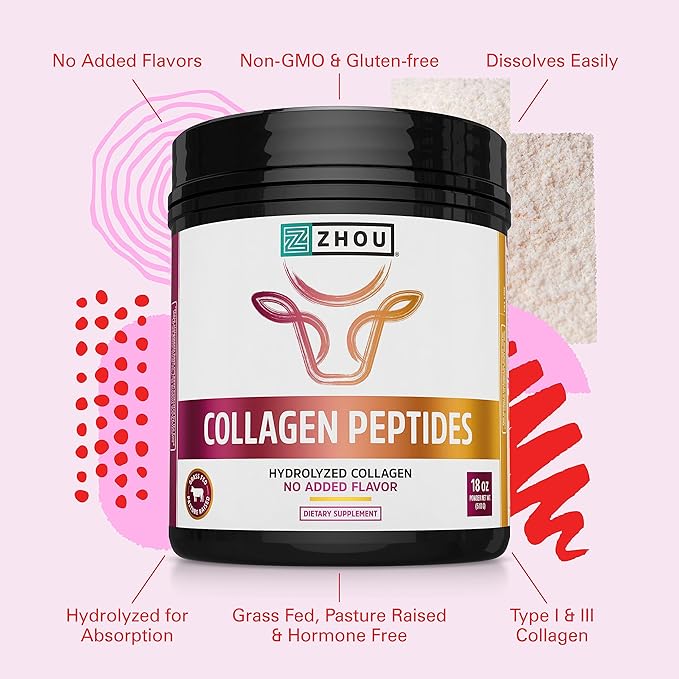 Zhou Collagen Peptides - Pure Hydrolized Collagen Powder for Women & Men, Grass Fed Natural Bovine Collagen for Skin, Hair Growth, Joints & Bones - 18 oz Jar (46 Servings)