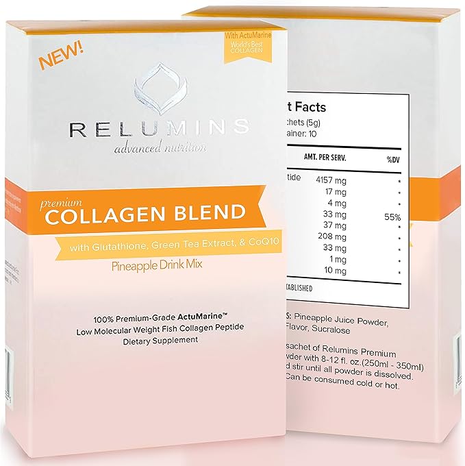 Relumins Marine Collagen Powder Drink Mix - Collagen Peptide with Glutathione, Green Tea, CoQ10, & Hyaluronic Acid Boosts Glowing Skin - 100 Powder Sachets x Pineapple Flavored + 10 Free Sachets