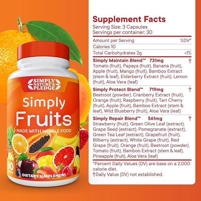 Simply Nature's Pledge - 90 Fruit Capsules - Made with Whole Food Superfoods, Packed with 25 Different Fruits - 100% Soy Free