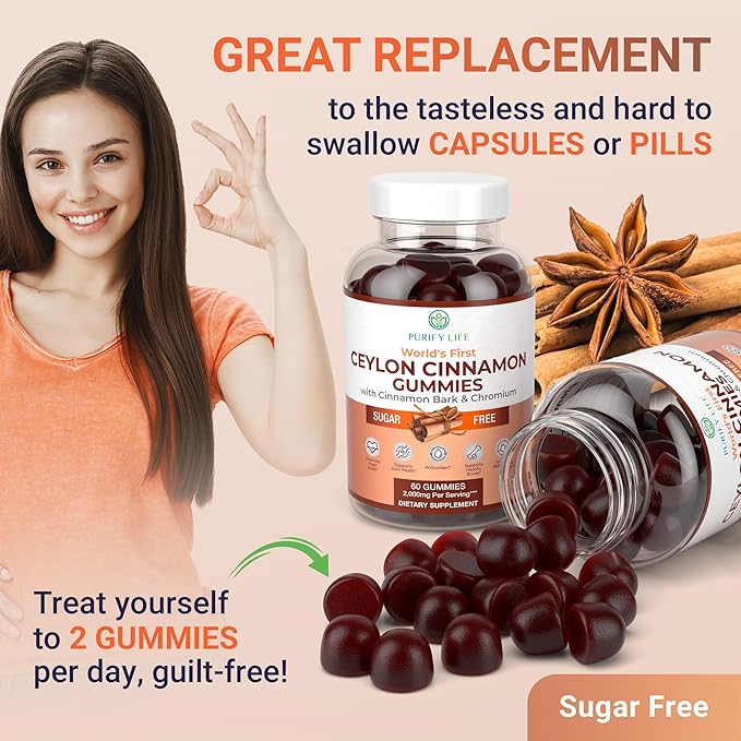 Sugar-Free Ceylon Cinnamon Gummies (2,000mg/Serving) Joint Pain Support Supplement for Brain Health, Vegan, Gluten-Free, Replace Ceylon Cinnamon Capsules, Pills, Powder, Extract (60 Chews)