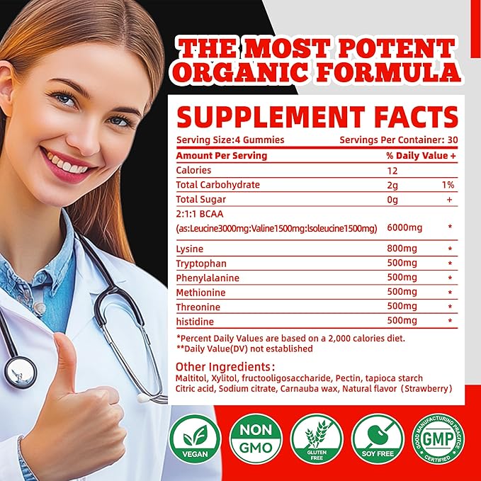 EAA Gummies 120 Gummies (Strawberry), 9000 mg Essential Amino Acids - All 9 Essential Aminos (EAA) and All Branched-Chain Aminos (BCAAs), Non-GMO, Gluten Free, Vegetarian Friendly