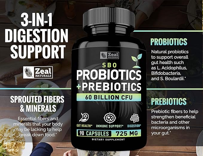 Probiotics and Prebiotics + SBO Probiotics (60 Billion CFU | 90 Capsules) Acidophilus Probiotic w. Saccharomyces Boulardii, Bifidobacterium + Spore Probiotic & Organic Sprouted Prebiotic Fiber Blend