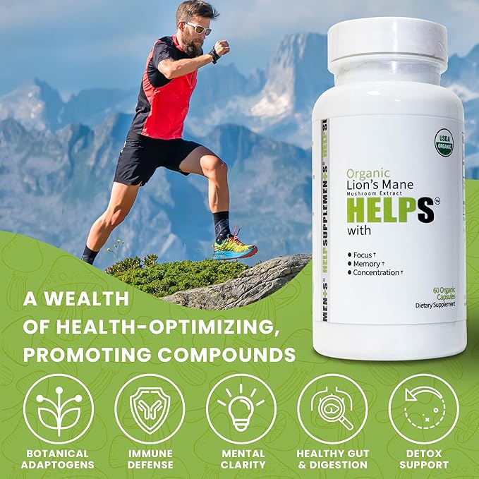 Organic Lion's Mane Mushroom Capsules | 1000mg Lions Mane Powder Extract Supplement | Dietary Herbal Supports for Focus, Memory, Digestion & Immune Health | Gluten, Soy, Milk-Free | 60 Capsules