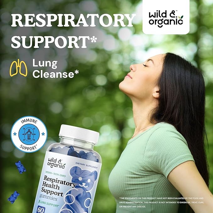 Wild & Organic Lung Detox Gummies - 1000 mg Mullein Gummies for Lungs Cleanse - Natural Supplements with Mullein Leaf Extract and Mushroom Blend - 60 Vegan, Non-GMO Chews