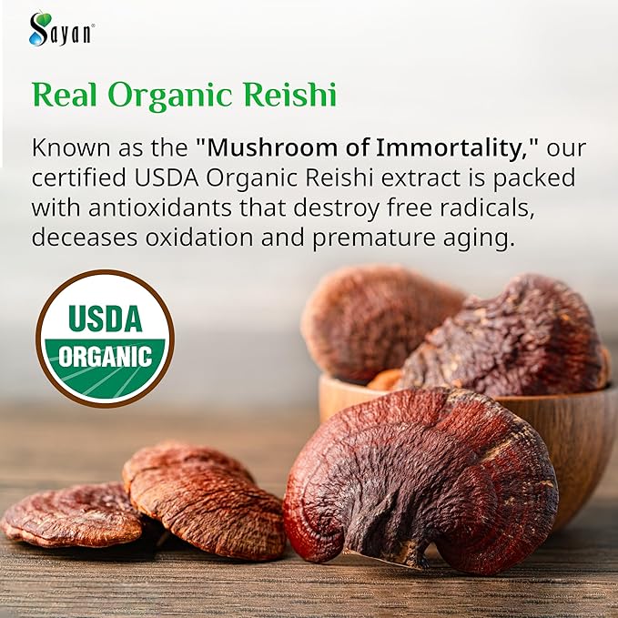 Sayan Reishi Mushroom Extract 90 Capsules/440mg Each – Longevity, Vitality, Wellness & Immune Support Supplement – USDA Organic & Vegan – Non-GMO, No Fillers, or Additives – Always Pure and Potent