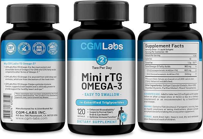rTG Omega 3 Fish Oil Dietary Supplement - High Absorption & Fast Acting, Burpless Fish Oil Supplement from Anchovy. re-esterified Triglyceride w/EPA & DHA (as rTG) 960mg - 120 Softgels by CGM Labs
