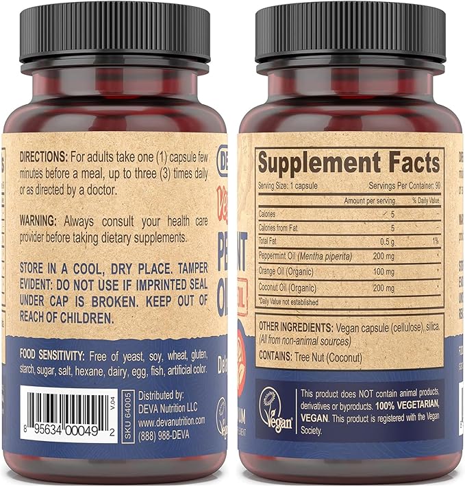 DEVA Vegan Peppermint Oil Capsules, Delayed Release, 2-Pack with Organic Orange & Coconut Oils, 90 Count Ea