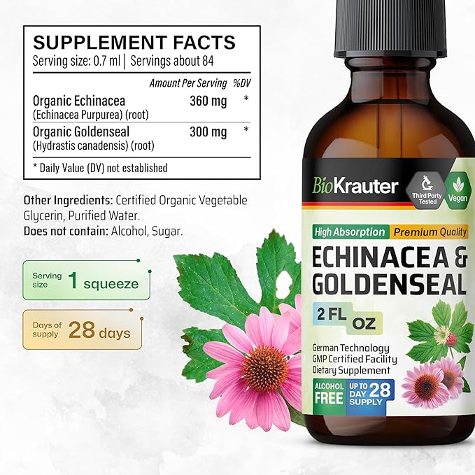 BIO KRAUTER Echinacea and Goldenseal Root Liquid Extract - Natural Immune Support - Echinacea Drops with Goldenseal - Vegan, Alcohol & Sugar Free Tincture - 2 Fl.Oz.