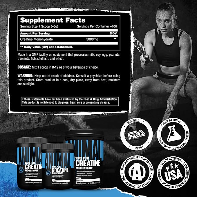 Animal Creatine Monohydrate Powder - Micronized Creatine for Women and Men, Supports Muscle Growth, Strength, Endurance, Recovery and ATP Production, Gym & Workout Supplements - Unflavored, 500g