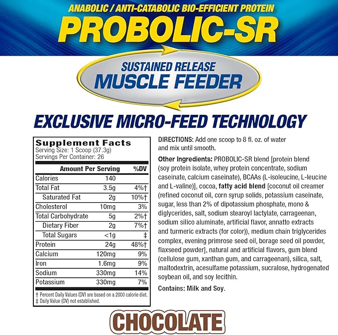Maximum Human Performance Probolic-SR Sustained Release Protein Powder, 24g Protein, BCAAs, Glutamine, Arginine, Pre-Workout, Post-Workout, Nighttime Protein, 2lbs, 26 Servings, Chocolate